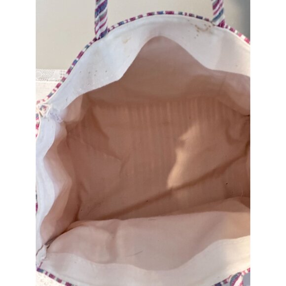 Longaberger Striped Canvas Fabric Tote Floral Basket Embroidery Pocket Church Vt - Picture 6 of 8